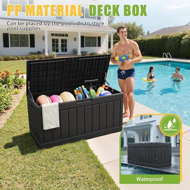 Alt view image 2 of 7 - Greesum 82 Gallon Resin Deck Box Large Outdoor Storage for Patio Furniture, Garden Tools, Pool Supplies, Weatherproof and UV Resistant, Lockable, Black