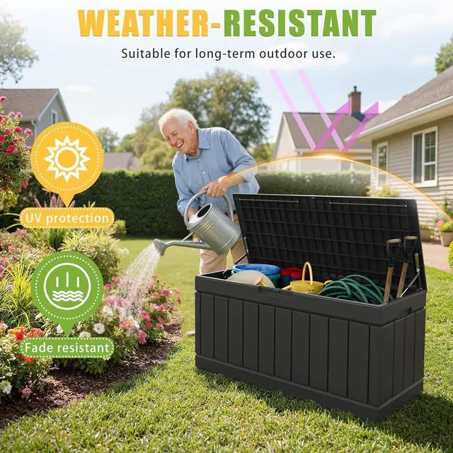 Alt view image 4 of 7 - Greesum 82 Gallon Resin Deck Box Large Outdoor Storage for Patio Furniture, Garden Tools, Pool Supplies, Weatherproof and UV Resistant, Lockable, Black