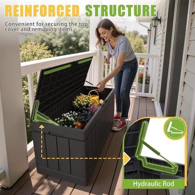 Alt view image 5 of 7 - Greesum 82 Gallon Resin Deck Box Large Outdoor Storage for Patio Furniture, Garden Tools, Pool Supplies, Weatherproof and UV Resistant, Lockable, Black