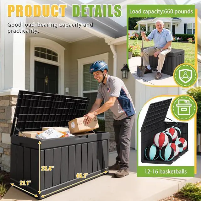 Alt view image 6 of 7 - Greesum 82 Gallon Resin Deck Box Large Outdoor Storage for Patio Furniture, Garden Tools, Pool Supplies, Weatherproof and UV Resistant, Lockable, Black