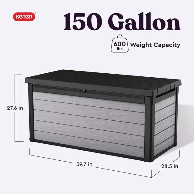 Alt view image 2 of 7 - Keter Denali 150 Gallon Resin Large Deck Box with Double Wall 20mm Panels - Paintable and Drillable-Organization and Storage for Patio Furniture and Outdoor Items, Grey & Black