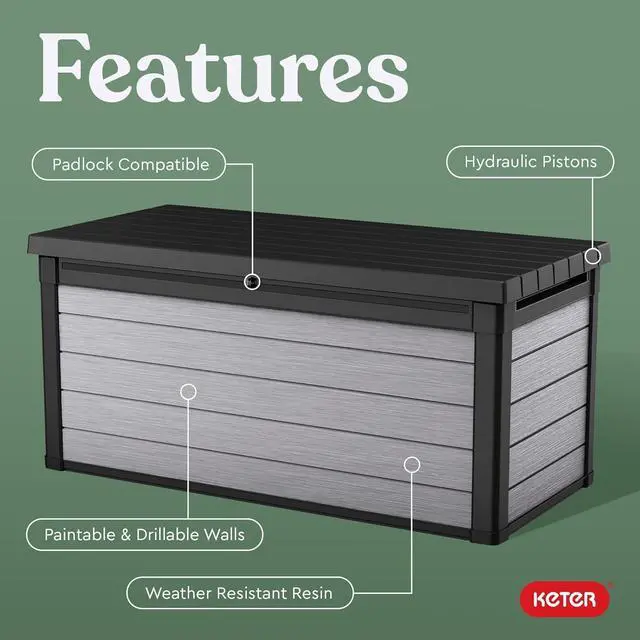 Alt view image 3 of 7 - Keter Denali 150 Gallon Resin Large Deck Box with Double Wall 20mm Panels - Paintable and Drillable-Organization and Storage for Patio Furniture and Outdoor Items, Grey & Black