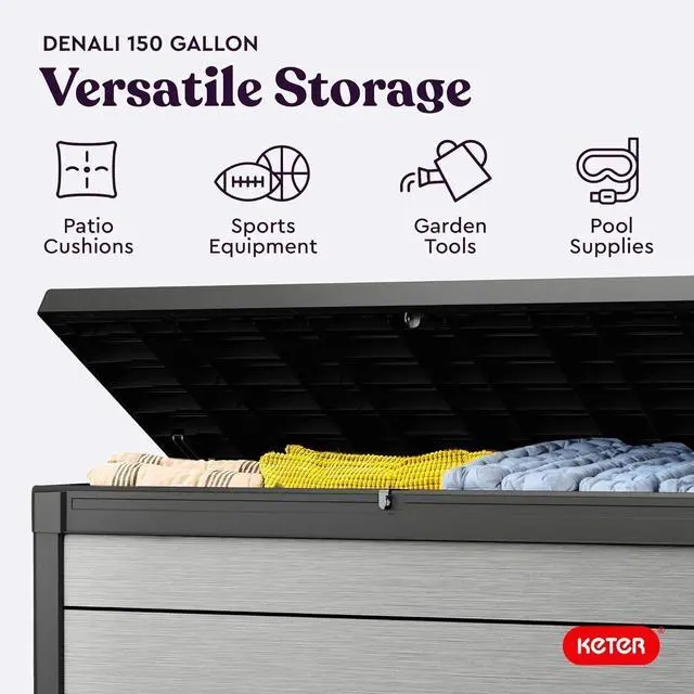 Alt view image 4 of 7 - Keter Denali 150 Gallon Resin Large Deck Box with Double Wall 20mm Panels - Paintable and Drillable-Organization and Storage for Patio Furniture and Outdoor Items, Grey & Black