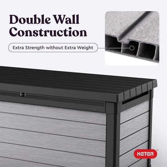 Alt view image 7 of 7 - Keter Denali 150 Gallon Resin Large Deck Box with Double Wall 20mm Panels - Paintable and Drillable-Organization and Storage for Patio Furniture and Outdoor Items, Grey & Black