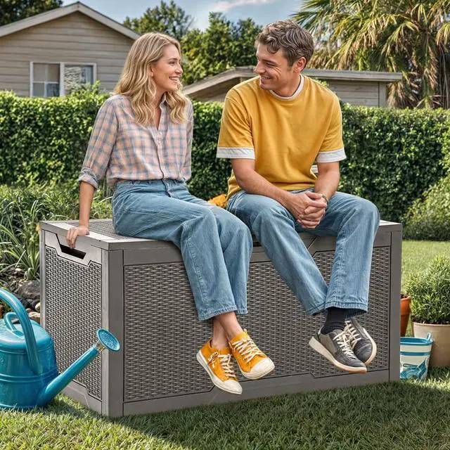 Alt view image 2 of 6 - YITAHOME 100 Gallon Large Deck Box, Outdoor Resin Storage Boxes for Patio Furniture, Outdoor Cushions, Garden Tools, Water Resistant and Lockable