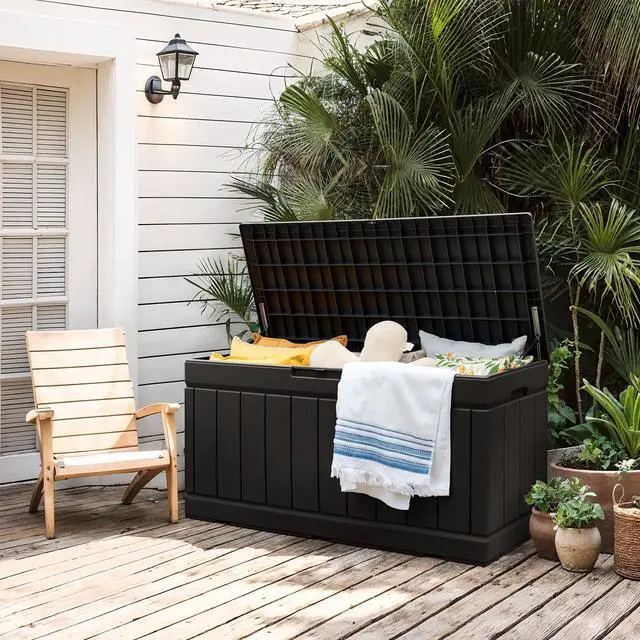 Alt view image 2 of 7 - Flamaker Outdoor Storage Box 85 Gallon Resin Waterproof Deck Box Delivery Box with Wood Texture Large Storage Bin for Patio Cushions (Black)