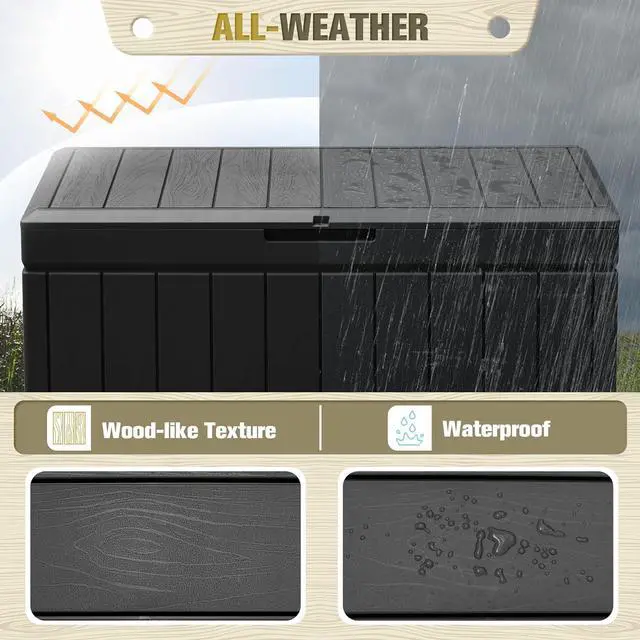 Alt view image 4 of 7 - Flamaker Outdoor Storage Box 85 Gallon Resin Waterproof Deck Box Delivery Box with Wood Texture Large Storage Bin for Patio Cushions (Black)