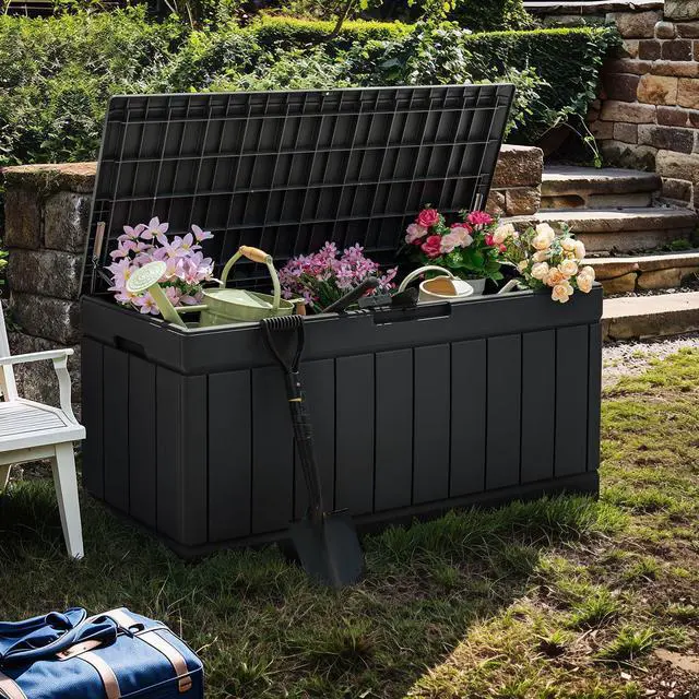 Alt view image 5 of 7 - Flamaker Outdoor Storage Box 85 Gallon Resin Waterproof Deck Box Delivery Box with Wood Texture Large Storage Bin for Patio Cushions (Black)