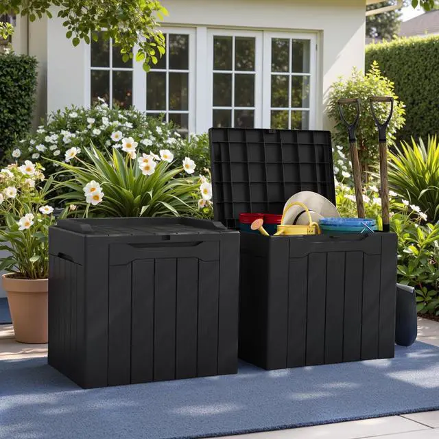 Alt view image 3 of 7 - Greesum 31 Gallon Deck Box for Outside, All Weather Outdoor Storage Boxes for Patio Furniture Set, Package Delivery Box, Garden Tools, Black(Set of 2)