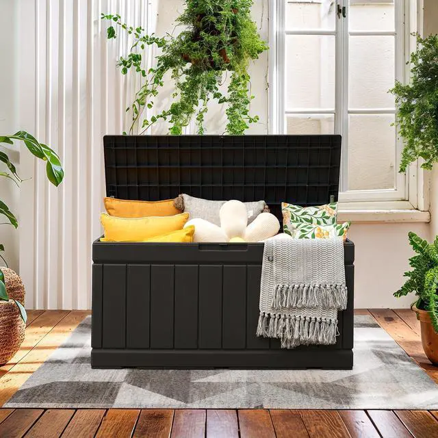Alt view image 7 of 7 - Flamaker Outdoor Storage Box 85 Gallon Resin Waterproof Deck Box Delivery Box with Wood Texture Large Storage Bin for Patio Cushions (Black)