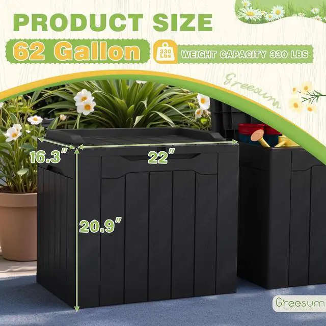 Alt view image 7 of 7 - Greesum 31 Gallon Deck Box for Outside, All Weather Outdoor Storage Boxes for Patio Furniture Set, Package Delivery Box, Garden Tools, Black(Set of 2)