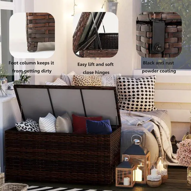 Alt view image 5 of 6 - Outdoor 70 Gallon Wicker Storage Box with Waterproof Liner, Patio PE Rattan Storage Container for Outside, Deck Box with Hinged Lid for Cushions, Pillows, Towels, Horizontal Bin, Brown