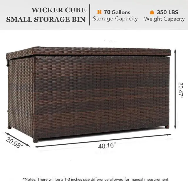Alt view image 3 of 6 - Outdoor 70 Gallon Wicker Storage Box with Waterproof Liner, Patio PE Rattan Storage Container for Outside, Deck Box with Hinged Lid for Cushions, Pillows, Towels, Horizontal Bin, Brown
