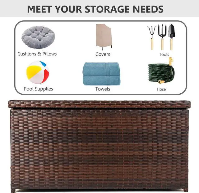 Alt view image 4 of 6 - Outdoor 70 Gallon Wicker Storage Box with Waterproof Liner, Patio PE Rattan Storage Container for Outside, Deck Box with Hinged Lid for Cushions, Pillows, Towels, Horizontal Bin, Brown