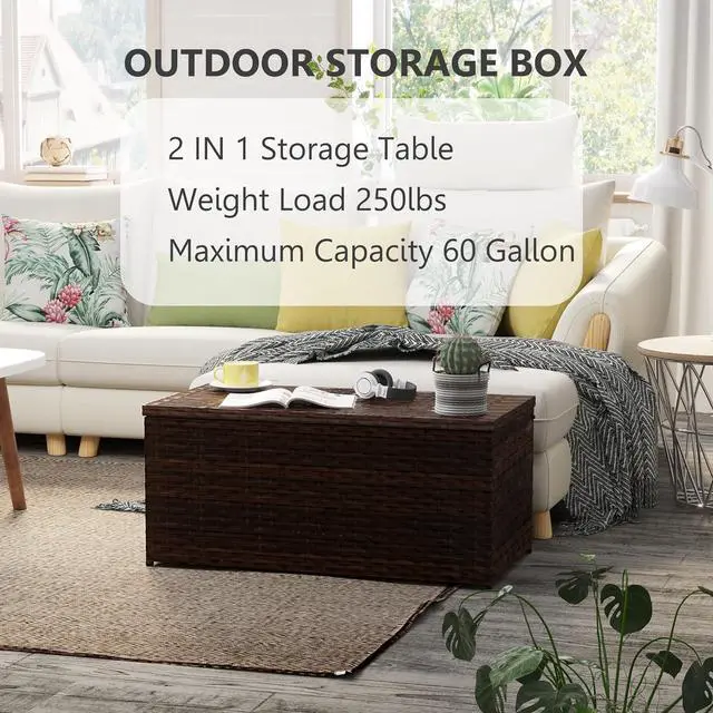 Alt view image 6 of 6 - Outdoor 70 Gallon Wicker Storage Box with Waterproof Liner, Patio PE Rattan Storage Container for Outside, Deck Box with Hinged Lid for Cushions, Pillows, Towels, Horizontal Bin, Brown