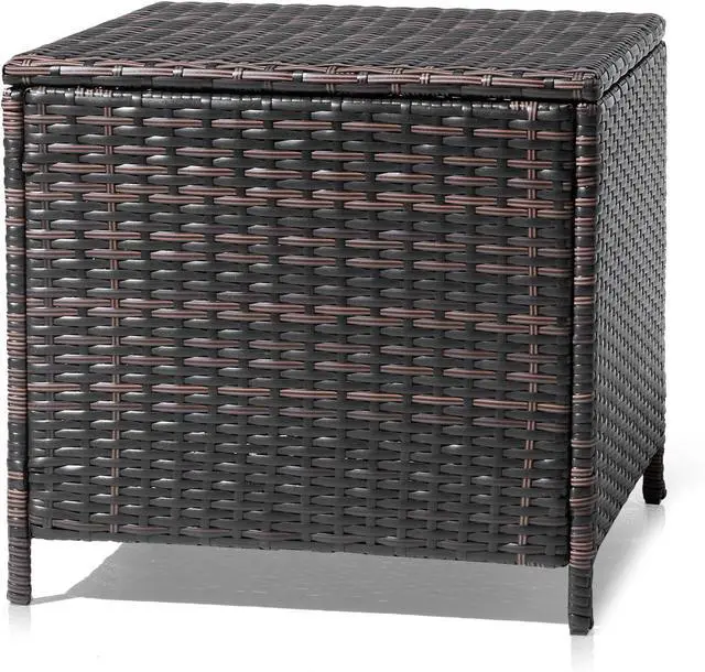 Main image of VINGLI 27 Gallon Outdoor Deck Box, Wicker Outdoor Storage Box with Lid, Small Storage Bin Container for Outside and Patio, Patio Rattan Side Table for Yard Porch (Brown, Square)