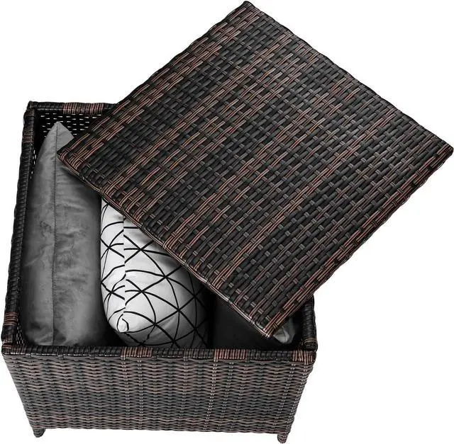 Alt view image 3 of 7 - VINGLI 27 Gallon Outdoor Deck Box, Wicker Outdoor Storage Box with Lid, Small Storage Bin Container for Outside and Patio, Patio Rattan Side Table for Yard Porch (Brown, Square)