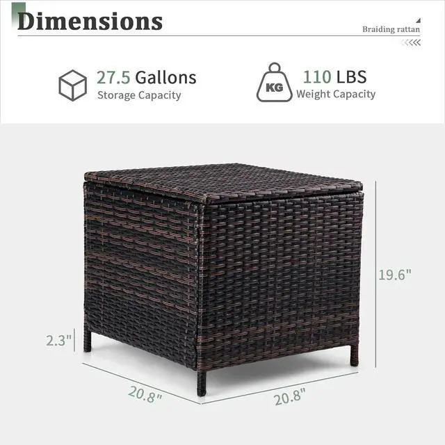 Alt view image 2 of 7 - VINGLI 27 Gallon Outdoor Deck Box, Wicker Outdoor Storage Box with Lid, Small Storage Bin Container for Outside and Patio, Patio Rattan Side Table for Yard Porch (Brown, Square)