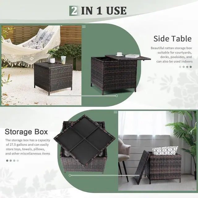 Alt view image 5 of 7 - VINGLI 27 Gallon Outdoor Deck Box, Wicker Outdoor Storage Box with Lid, Small Storage Bin Container for Outside and Patio, Patio Rattan Side Table for Yard Porch (Brown, Square)