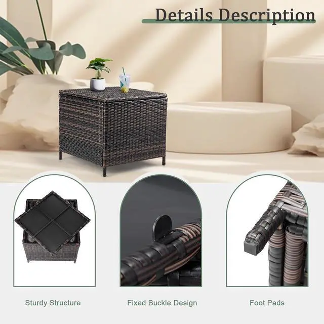 Alt view image 6 of 7 - VINGLI 27 Gallon Outdoor Deck Box, Wicker Outdoor Storage Box with Lid, Small Storage Bin Container for Outside and Patio, Patio Rattan Side Table for Yard Porch (Brown, Square)