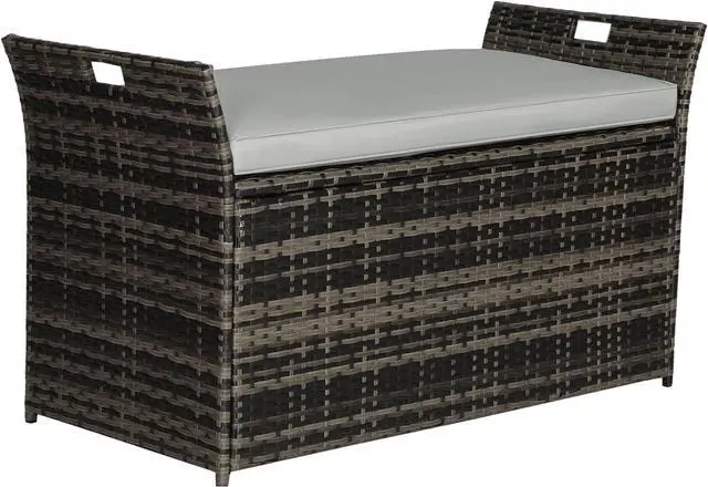 Main image of 90 Gallon Outdoor Wicker Storage Bench with Cushion, Patio PE Rattan Deck Box with Handles (Gray), Grey