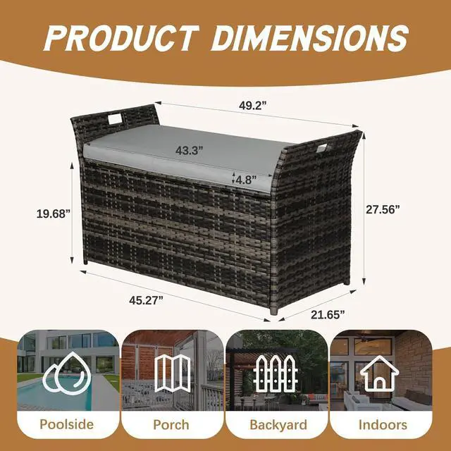 Alt view image 3 of 6 - 90 Gallon Outdoor Wicker Storage Bench with Cushion, Patio PE Rattan Deck Box with Handles (Gray), Grey