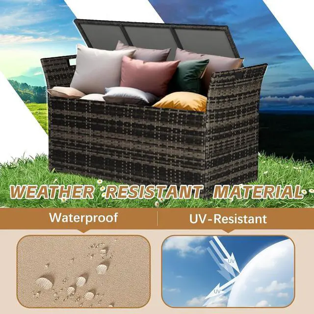 Alt view image 5 of 6 - 90 Gallon Outdoor Wicker Storage Bench with Cushion, Patio PE Rattan Deck Box with Handles (Gray), Grey
