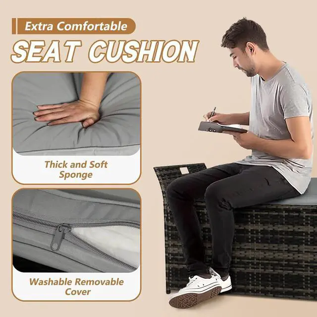 Alt view image 4 of 6 - 90 Gallon Outdoor Wicker Storage Bench with Cushion, Patio PE Rattan Deck Box with Handles (Gray), Grey