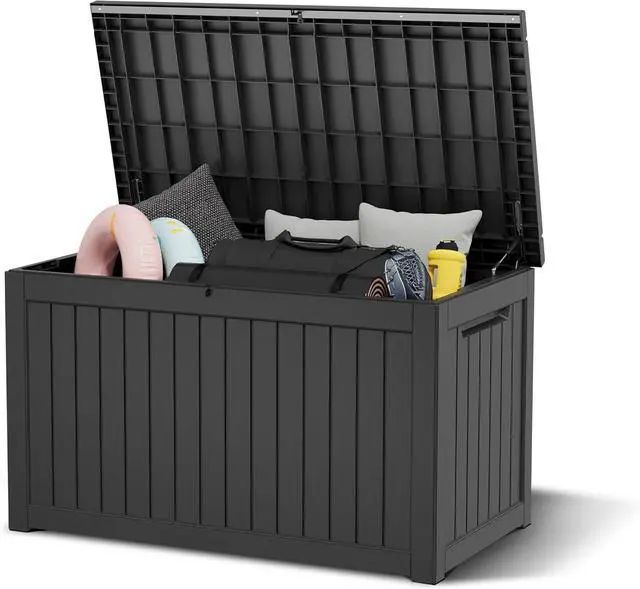 Main image of KAMABOKO 230 Gallon Outdoor Storage Box, Resin Deck Boxes Indoor and outdoor, Waterproof Storage Box Lockable Lid for Garden Tools, Package Delivery, Patio Cushions, Black