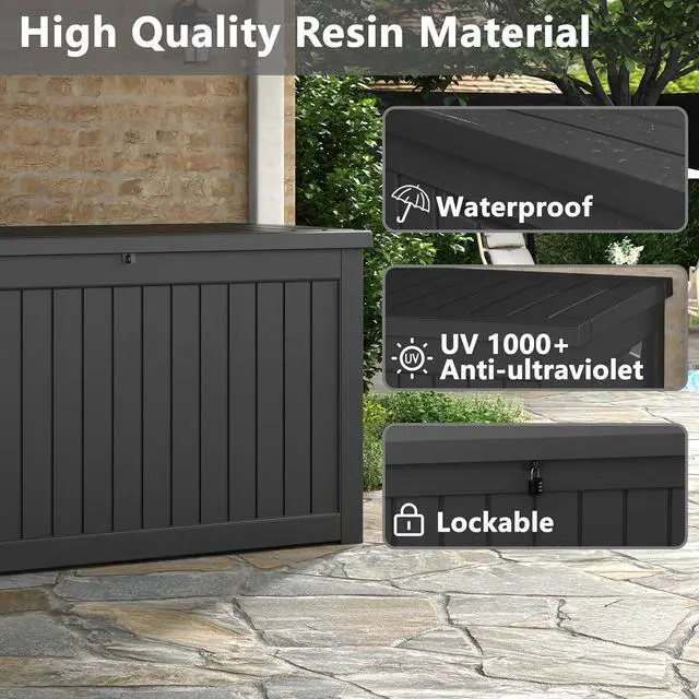 Alt view image 4 of 6 - KAMABOKO 230 Gallon Outdoor Storage Box, Resin Deck Boxes Indoor and outdoor, Waterproof Storage Box Lockable Lid for Garden Tools, Package Delivery, Patio Cushions, Black