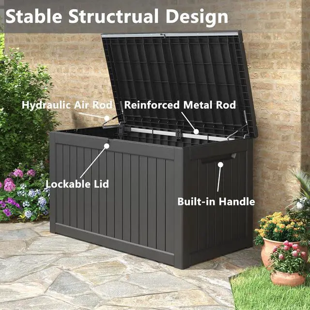 Alt view image 5 of 6 - KAMABOKO 230 Gallon Outdoor Storage Box, Resin Deck Boxes Indoor and outdoor, Waterproof Storage Box Lockable Lid for Garden Tools, Package Delivery, Patio Cushions, Black