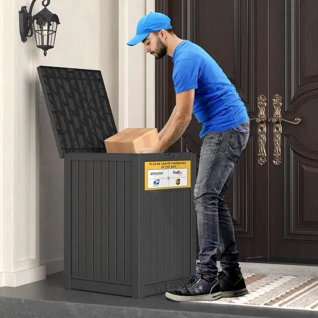 Alt view image 3 of 7 - Package Delivery Box for Outside with Sign, 48 Gallon Storage with Lockable Secure, Large Double Wall Resin Outdoor Package Delivery Waterproof