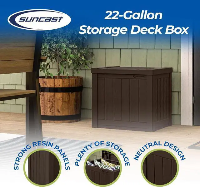 Alt view image 2 of 7 - Suncast Small Outdoor Storage Box - 22 Gallon Java Resin Outdoor Deck Box, Flat-Lid Bench Seating, Patio Storage Bin Container for Organizing Tools, Cushions for Porch, Deck, Pool, & Garden
