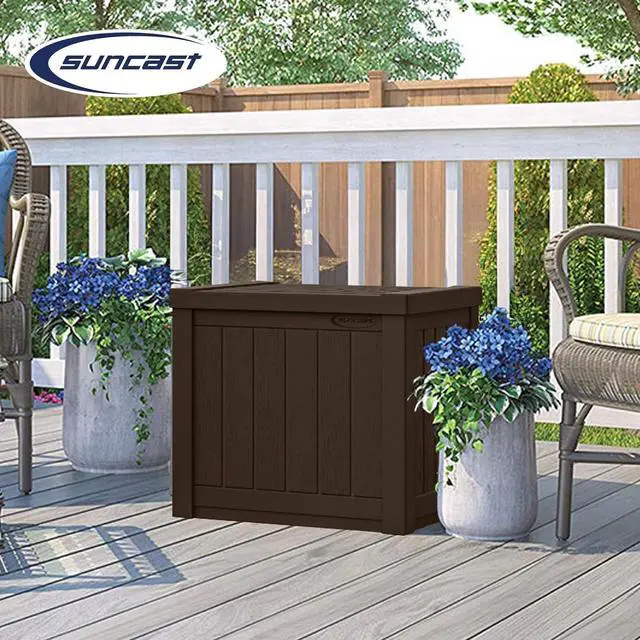 Alt view image 4 of 7 - Suncast Small Outdoor Storage Box - 22 Gallon Java Resin Outdoor Deck Box, Flat-Lid Bench Seating, Patio Storage Bin Container for Organizing Tools, Cushions for Porch, Deck, Pool, & Garden