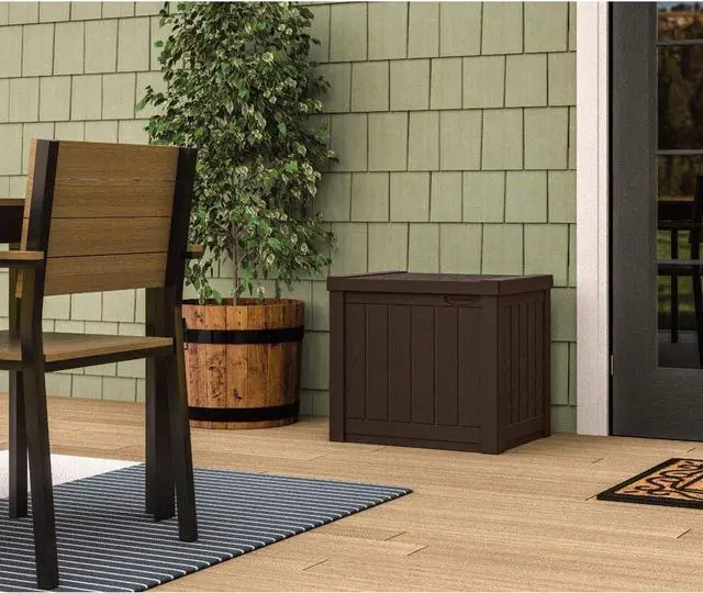 Alt view image 6 of 7 - Suncast Small Outdoor Storage Box - 22 Gallon Java Resin Outdoor Deck Box, Flat-Lid Bench Seating, Patio Storage Bin Container for Organizing Tools, Cushions for Porch, Deck, Pool, & Garden