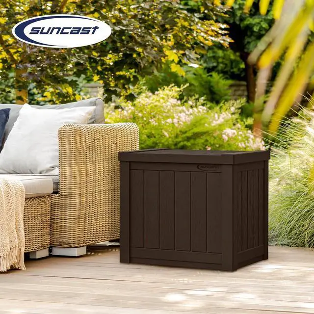 Alt view image 5 of 7 - Suncast Small Outdoor Storage Box - 22 Gallon Java Resin Outdoor Deck Box, Flat-Lid Bench Seating, Patio Storage Bin Container for Organizing Tools, Cushions for Porch, Deck, Pool, & Garden