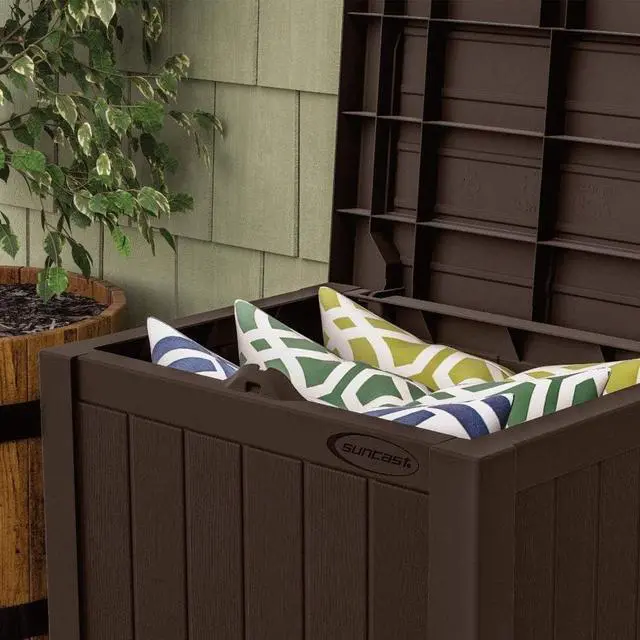 Alt view image 7 of 7 - Suncast Small Outdoor Storage Box - 22 Gallon Java Resin Outdoor Deck Box, Flat-Lid Bench Seating, Patio Storage Bin Container for Organizing Tools, Cushions for Porch, Deck, Pool, & Garden