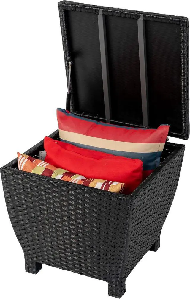 Main image of Sundale Outdoor Small Deck Storage Box with Lid, 13 Gallon Small Outdoor Bin Storage Container for Hose Cushions Towels, Patio Black Side Wicker Table with Storage-Steel, Rattan, Square
