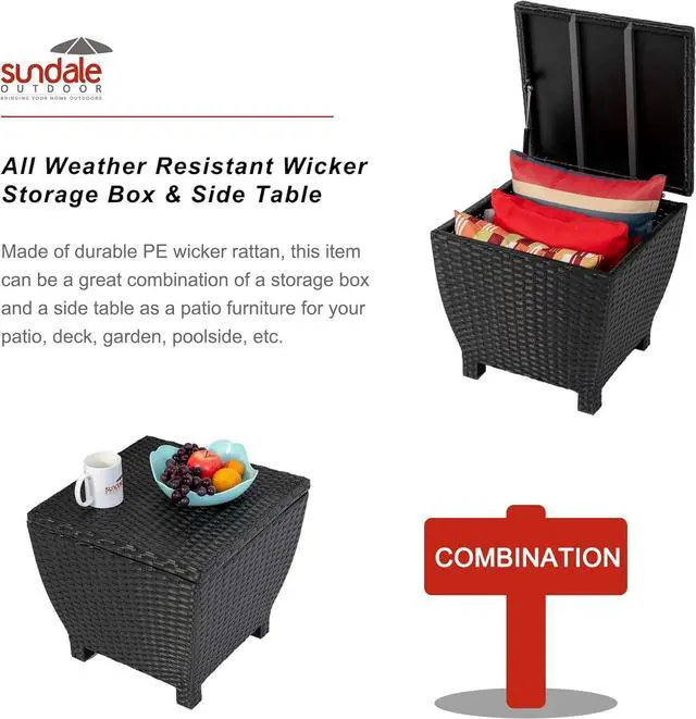 Alt view image 3 of 7 - Sundale Outdoor Small Deck Storage Box with Lid, 13 Gallon Small Outdoor Bin Storage Container for Hose Cushions Towels, Patio Black Side Wicker Table with Storage-Steel, Rattan, Square