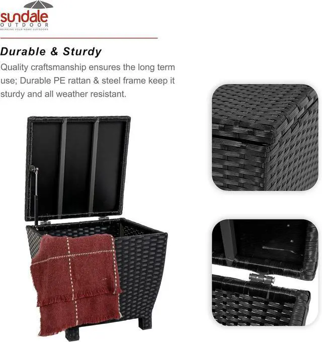 Alt view image 4 of 7 - Sundale Outdoor Small Deck Storage Box with Lid, 13 Gallon Small Outdoor Bin Storage Container for Hose Cushions Towels, Patio Black Side Wicker Table with Storage-Steel, Rattan, Square
