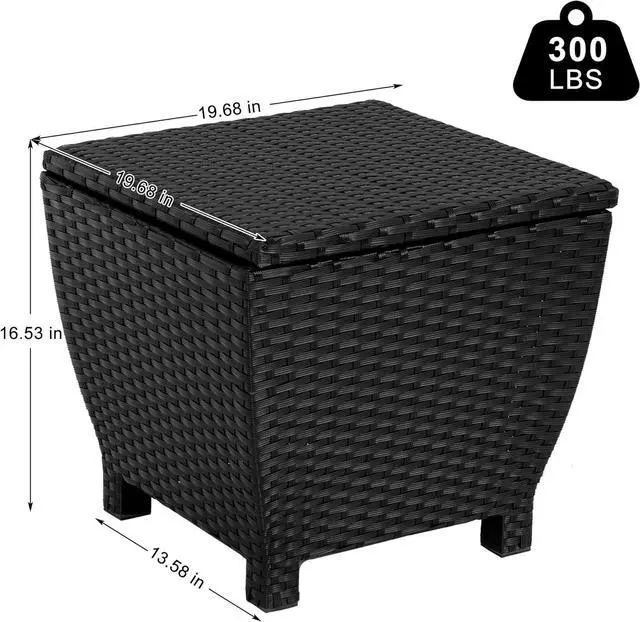 Alt view image 5 of 7 - Sundale Outdoor Small Deck Storage Box with Lid, 13 Gallon Small Outdoor Bin Storage Container for Hose Cushions Towels, Patio Black Side Wicker Table with Storage-Steel, Rattan, Square
