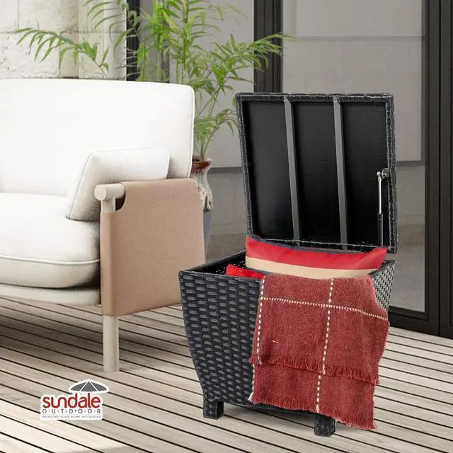 Alt view image 7 of 7 - Sundale Outdoor Small Deck Storage Box with Lid, 13 Gallon Small Outdoor Bin Storage Container for Hose Cushions Towels, Patio Black Side Wicker Table with Storage-Steel, Rattan, Square