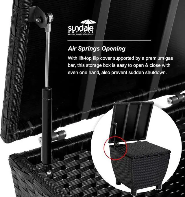 Alt view image 6 of 7 - Sundale Outdoor Small Deck Storage Box with Lid, 13 Gallon Small Outdoor Bin Storage Container for Hose Cushions Towels, Patio Black Side Wicker Table with Storage-Steel, Rattan, Square