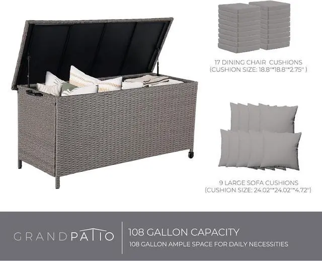 Alt view image 3 of 7 - Grand patio 108 Gallon Deck Storage Box Indoor Outdoor Wicker Bin for Patio Furniture Cushions Garden Tools Pool Accessories, Greige