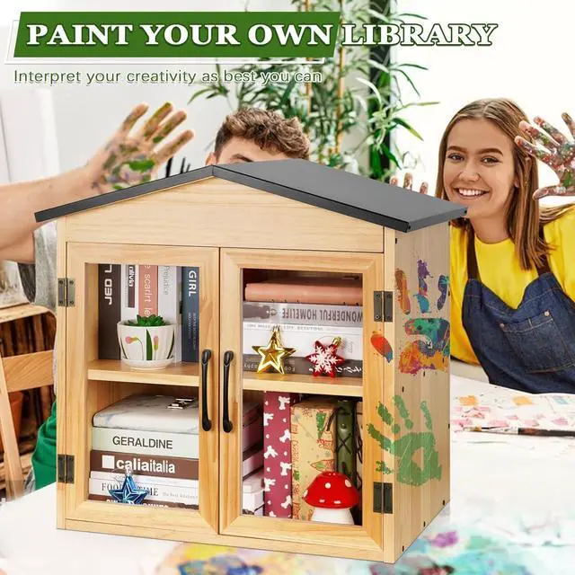 Alt view image 4 of 6 - Outdoor Library Outdoor Book Box Storage Small Wooden Cabinet Little Literature Box for Neighborhoods Community and Schools Sharing Books, Flyers, Newspapers, Food and Art (D)