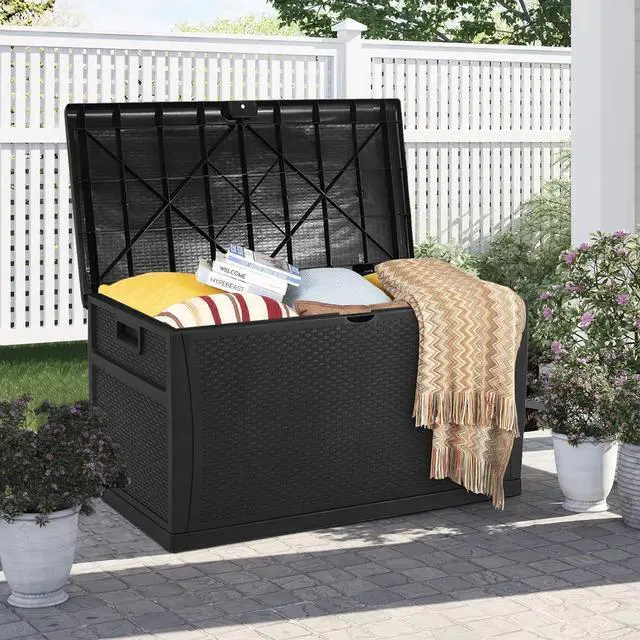 Alt view image 2 of 6 - 120 Gallon Resin Wicker Patio Storage Box, Outdoor Storage Container Deck Box and Gar,(Black)