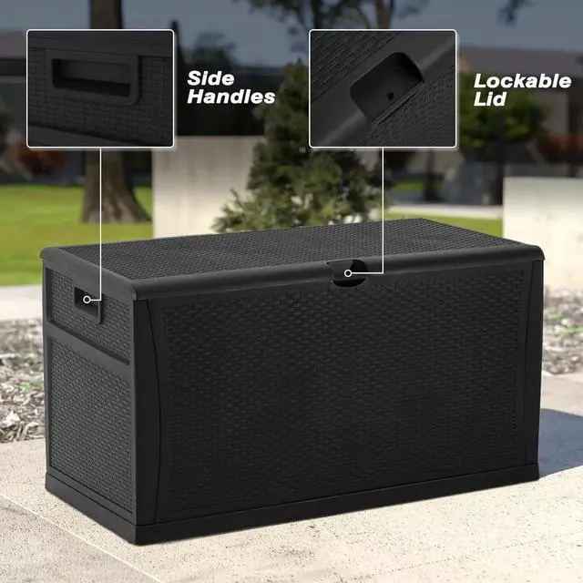 Alt view image 4 of 6 - 120 Gallon Resin Wicker Patio Storage Box, Outdoor Storage Container Deck Box and Gar,(Black)