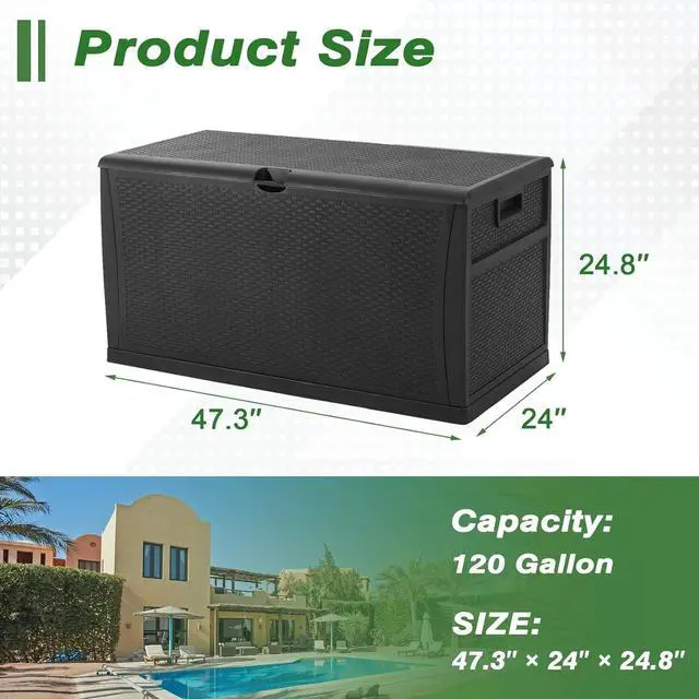 Alt view image 5 of 6 - 120 Gallon Resin Wicker Patio Storage Box, Outdoor Storage Container Deck Box and Gar,(Black)