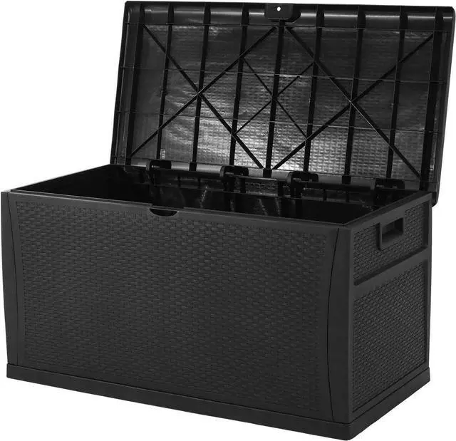 Alt view image 6 of 6 - 120 Gallon Resin Wicker Patio Storage Box, Outdoor Storage Container Deck Box and Gar,(Black)