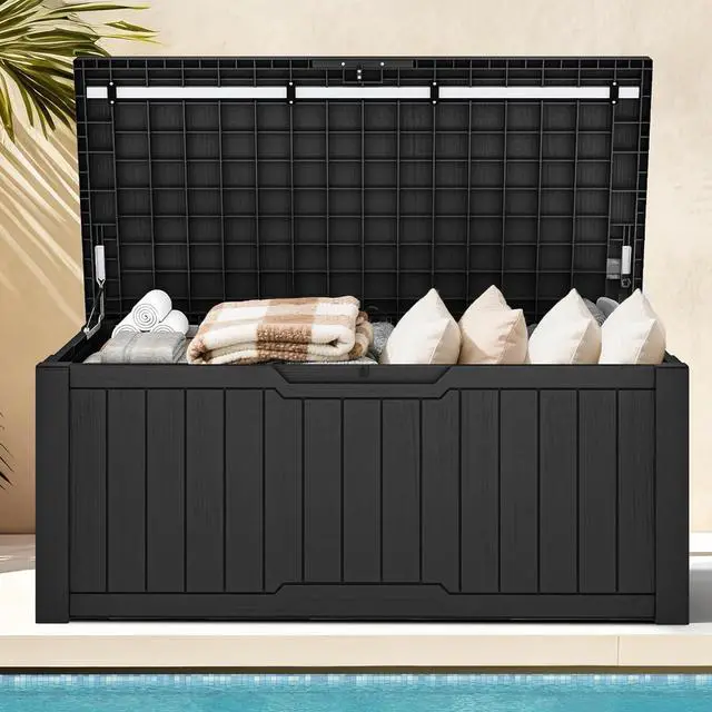 Main image of DWVO 120 Gallon Large Deck Box, Outdoor Lockable Storage Bin for Gardening Tools, Patio Cushions, Waterproof and UV Resistant Resin (Black)